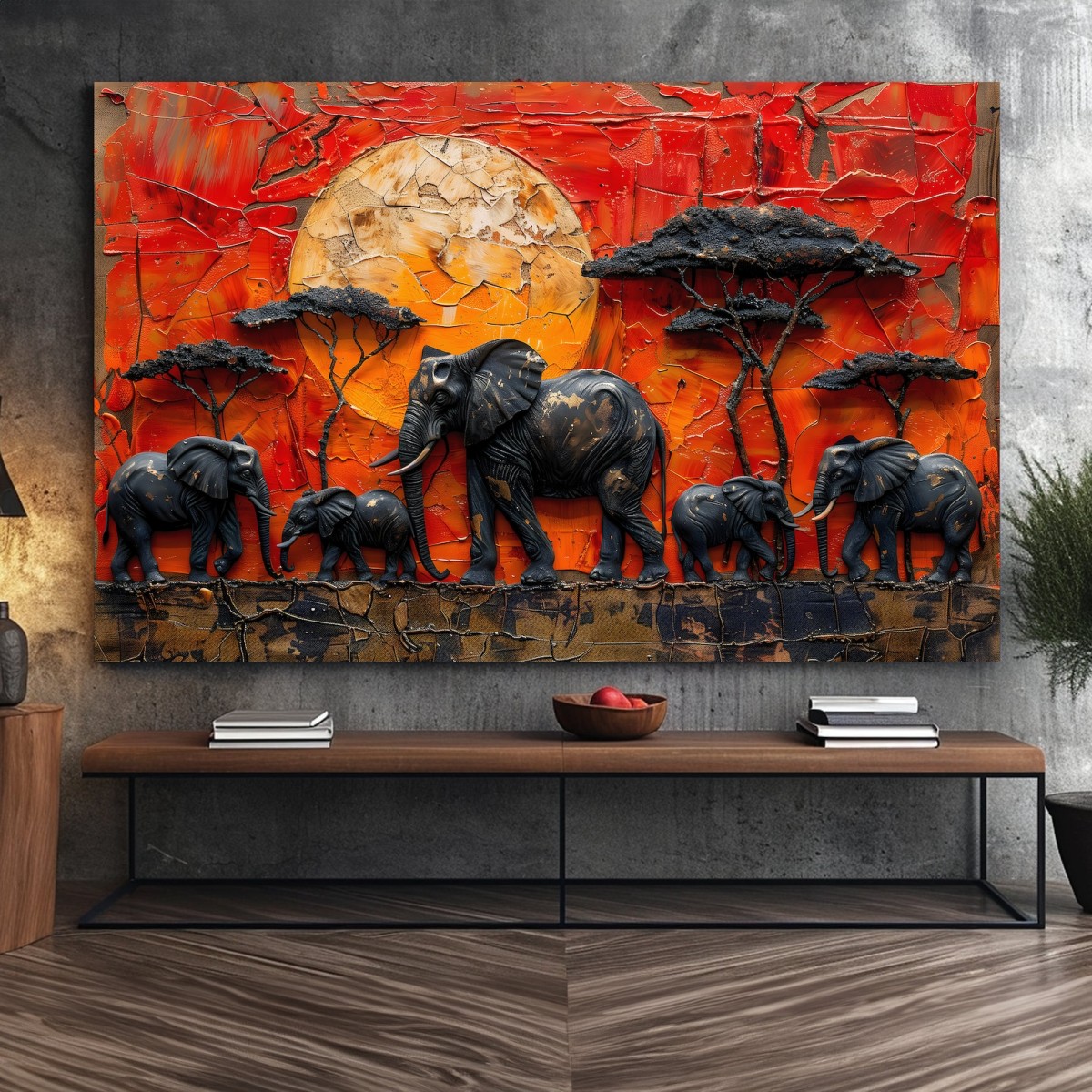 3D Afrika Fili Empasto Resmi, Dokulu Tuval Duvar Sanatı