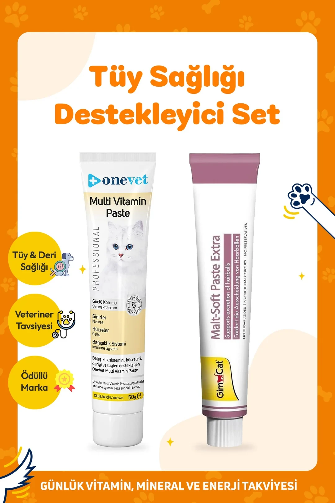 Gimcat Malt Soft Extra 100 Gr + OneVet Multivitamin Paste 100 Gr Kedi Malt Macunu